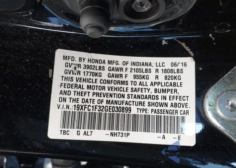 2016 Honda Civic Ex-T from USA, damaged, VIN 19XFC1F32GE030899